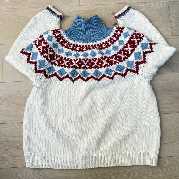 Vintage Icelandic Fair Isle Sweater Handmade White Blue Red Yolk L Non Wool - Picture 3 of 10